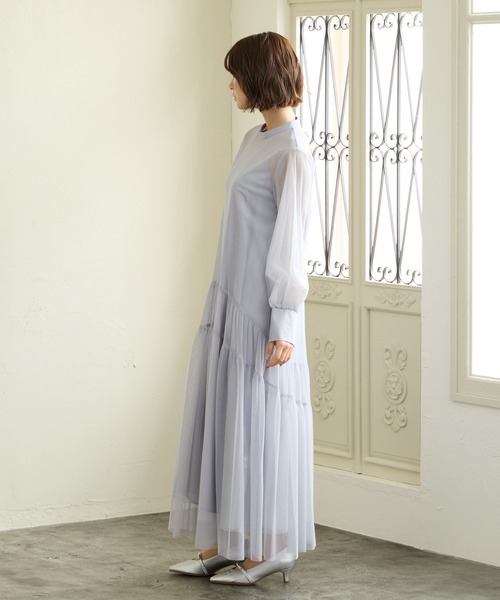 AIMER(エメ)の「ラメチュール×無地チュールプチハイネックスリーブパーティードレス 結婚式 お呼ばれ ドレス 20代 30代 40代(ドレス・レディース・ライトグレー/ブラウン/ブラック・MEDIUM)」の6枚目の写真