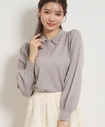 【洗える・着映え】パール調衿ニット
