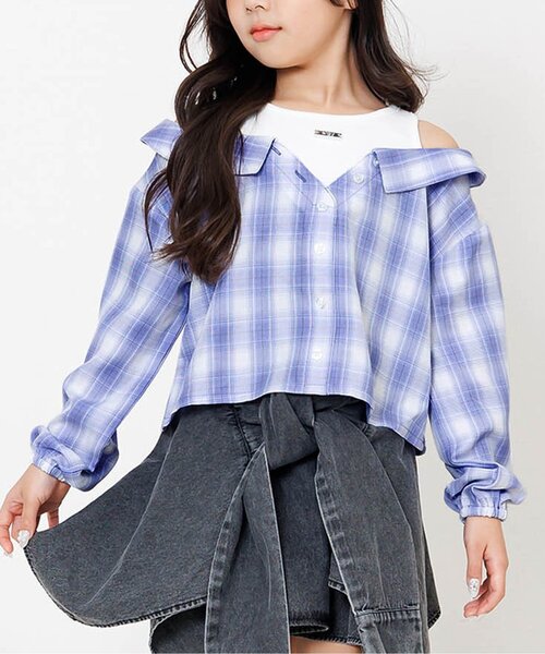 algy（アルジー）の「ドッキングチェックシャツ（シャツ/ブラウス・キッズ・オフホワイト/サックスブルー/ブラック・130/160/150/140）」の3枚目の写真