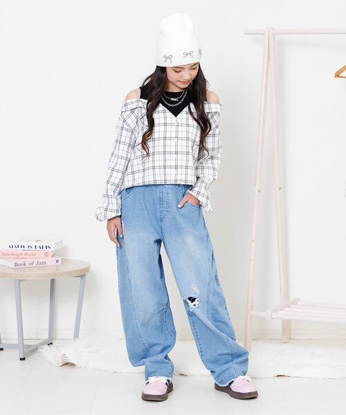 algy（アルジー）の「ドッキングチェックシャツ（シャツ/ブラウス・キッズ・オフホワイト/サックスブルー/ブラック・130/160/150/140）」の4枚目の写真