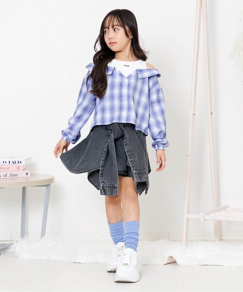 algy（アルジー）の「ドッキングチェックシャツ（シャツ/ブラウス・キッズ・オフホワイト/サックスブルー/ブラック・130/160/150/140）」の6枚目の写真