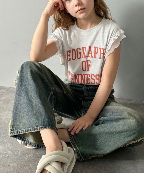 classicalelf（クラシカルエルフ）の「【キッズ】 親子リンクコーデ可能◎ダブルフリル袖カレッジライクロゴゆるTシャツ（Tシャツ/カットソー・キッズ・オートミール/イエロー/オフホワイト・100/120/140/160）」の21枚目の写真