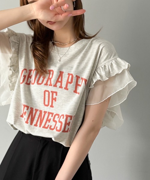 classicalelf（クラシカルエルフ）の「【キッズ】 親子リンクコーデ可能◎ダブルフリル袖カレッジライクロゴゆるTシャツ（Tシャツ/カットソー・キッズ・オートミール/イエロー/オフホワイト・100/120/140/160）」の4枚目の写真