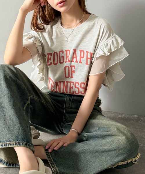 classicalelf（クラシカルエルフ）の「【キッズ】 親子リンクコーデ可能◎ダブルフリル袖カレッジライクロゴゆるTシャツ（Tシャツ/カットソー・キッズ・オートミール/イエロー/オフホワイト・100/120/140/160）」の5枚目の写真