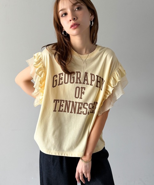 classicalelf（クラシカルエルフ）の「【キッズ】 親子リンクコーデ可能◎ダブルフリル袖カレッジライクロゴゆるTシャツ（Tシャツ/カットソー・キッズ・オートミール/イエロー/オフホワイト・100/120/140/160）」の7枚目の写真