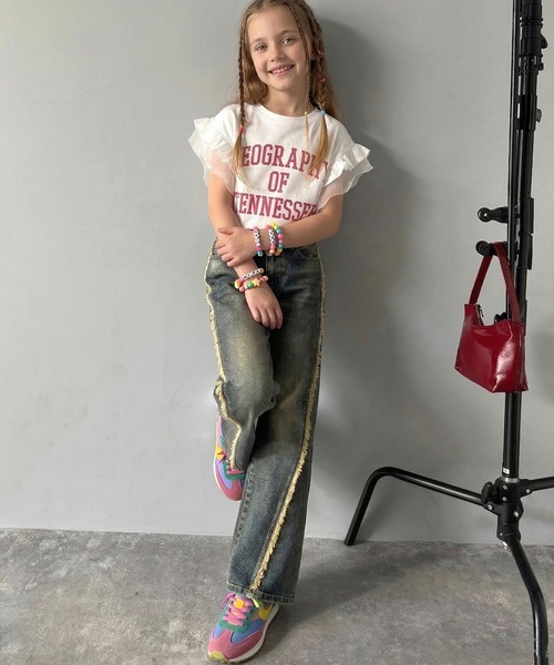classicalelf（クラシカルエルフ）の「【キッズ】 親子リンクコーデ可能◎ダブルフリル袖カレッジライクロゴゆるTシャツ（Tシャツ/カットソー・キッズ・オートミール/イエロー/オフホワイト・100/120/140/160）」の12枚目の写真