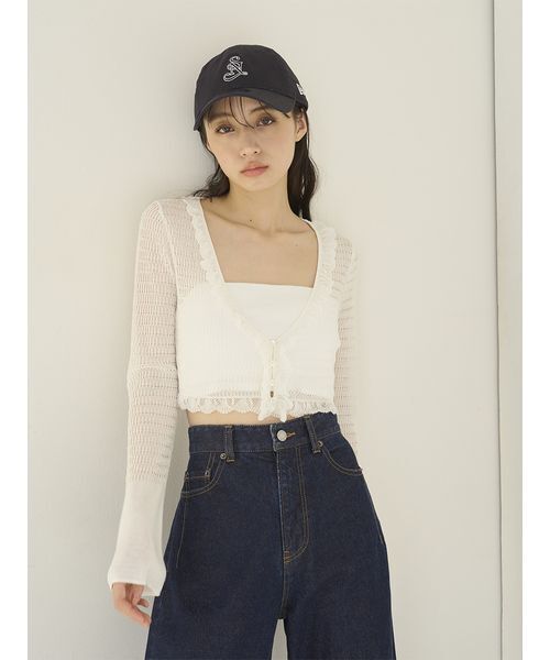 SNIDEL(スナイデル)の「シアーフリルコンパクトカーディガン(カーディガン/ボレロ・レディース・ブラウン/ホワイト/ネイビー/イエロー・F)」の2枚目の写真