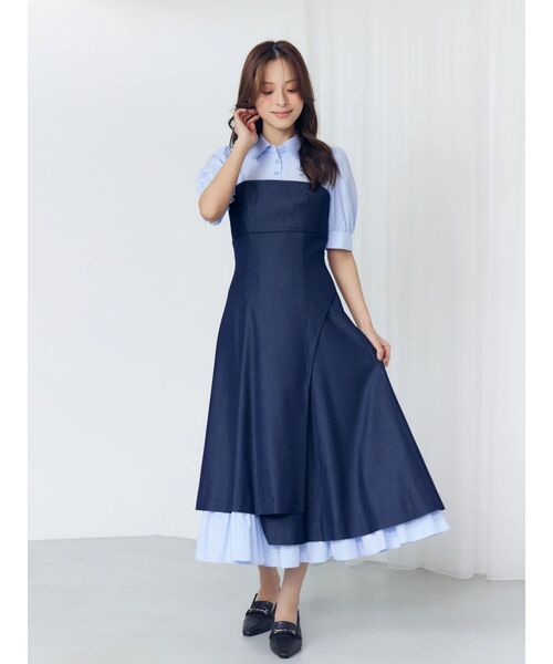 MERCURYDUO（マーキュリーデュオ）の「シャツドッキングベアワンピース（ワンピース・レディース・ベージュ/チャコールグレー/ライトブルー・MEDIUM/SMALL）」の3枚目の写真