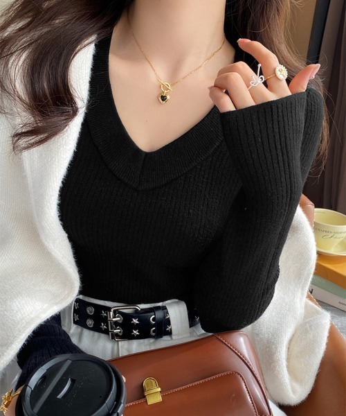 Miniministore(ミニミニストア)の「裏起毛ニットトップス Vネックリブニット(ニット/セーター・レディース・ホワイト/アイボリー/ブラック・FREE)」の9枚目の写真