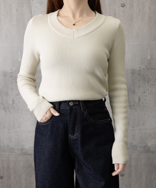 Miniministore(ミニミニストア)の「裏起毛ニットトップス Vネックリブニット(ニット/セーター・レディース・ホワイト/アイボリー/ブラック・FREE)」の20枚目の写真