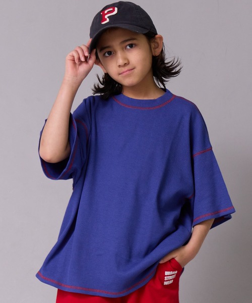 PAIRMANON STREET（ペアマノンストリート）の「【ワッフル】配色ステッチ半袖Ｔ【PAIRMANON STREET】（Tシャツ/カットソー・キッズ・ブルー/アイボリー/グレー/ブラック・100/110/120/130/140/150/90/160）」の4枚目の写真