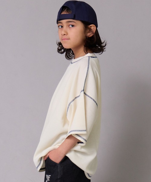 PAIRMANON STREET（ペアマノンストリート）の「【ワッフル】配色ステッチ半袖Ｔ【PAIRMANON STREET】（Tシャツ/カットソー・キッズ・ブルー/アイボリー/グレー/ブラック・100/110/120/130/140/150/90/160）」の5枚目の写真