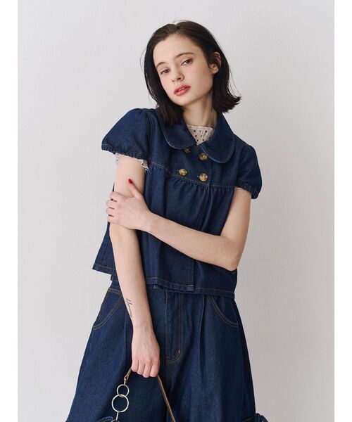 jouetie（ジュエティ）の「パフスリーブデニムジャケット【セットアップ対応】（その他トップス・レディース・インディゴブルー/ブラック・MEDIUM）」の5枚目の写真