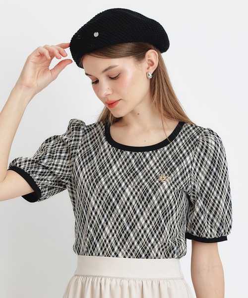 REDYAZEL（レディアゼル）の「チェックジャガードカットロゴプルオーバー（Tシャツ/カットソー・レディース・ネイビー/ブラック系その他/グリーン/ホワイト・FREE）」の3枚目の写真