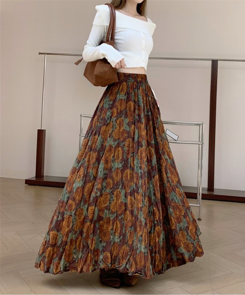AMAJI（アマジ）の「レトロフラワーギャザースカート（スカート・レディース・ブラウン・LARGE/MEDIUM）」の2枚目の写真