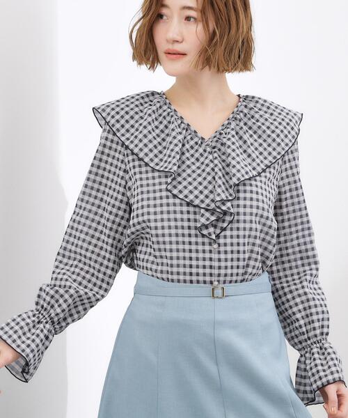 grove（グローブ）の「高評価！大人の華やぎチェックフリルブラウス（シャツ/ブラウス・レディース・ホワイト系4/ブラック系1・02/01/03/04/05）」の3枚目の写真