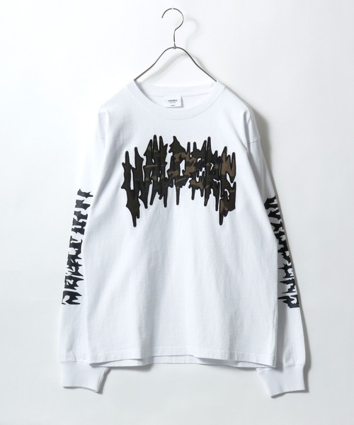 Salong hameu（サロン ハミュー）の「袖プリント グランジロゴ ロングスリーブTシャツ/ロンT/トライバル刺繍/韓国ストリート/ユニセックス（Tシャツ/カットソー・メンズ・ホワイト/ブラック系その他2/カモフラージュ/ホワイト系その他/ブラック/ブラック系その他・M/L）」の4枚目の写真