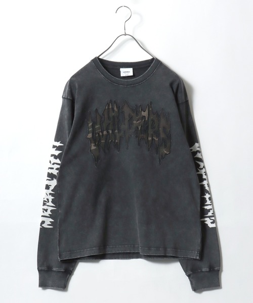Salong hameu（サロン ハミュー）の「袖プリント グランジロゴ ロングスリーブTシャツ/ロンT/トライバル刺繍/韓国ストリート/ユニセックス（Tシャツ/カットソー・メンズ・ホワイト/ブラック系その他2/カモフラージュ/ホワイト系その他/ブラック/ブラック系その他・M/L）」の5枚目の写真