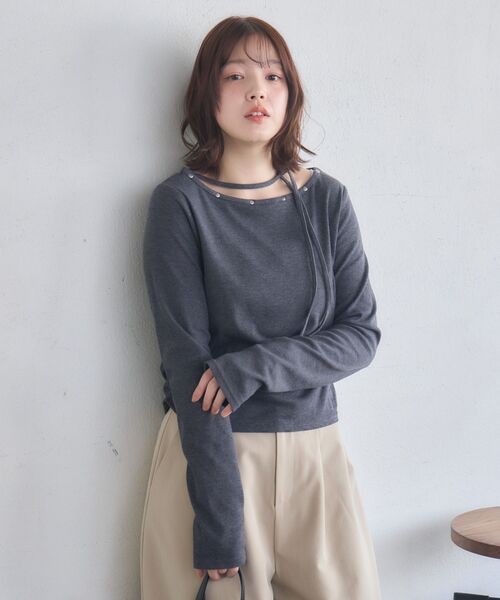 RETRO GIRL(レトロガール)の「スタッズ付きネックリボンCT(Tシャツ/カットソー・レディース・チャコールグレー/ナチュラル/ライトグリーン・FREE)」の10枚目の写真