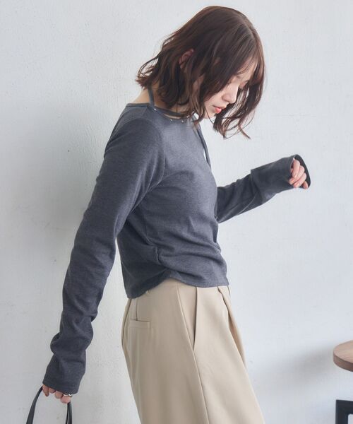 RETRO GIRL(レトロガール)の「スタッズ付きネックリボンCT(Tシャツ/カットソー・レディース・チャコールグレー/ナチュラル/ライトグリーン・FREE)」の14枚目の写真