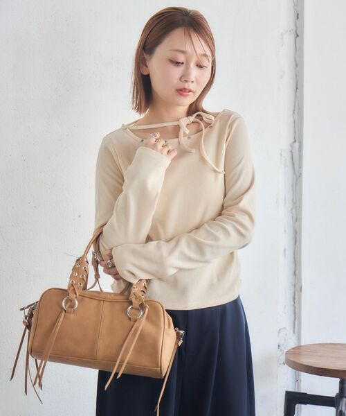 RETRO GIRL(レトロガール)の「スタッズ付きネックリボンCT(Tシャツ/カットソー・レディース・チャコールグレー/ナチュラル/ライトグリーン・FREE)」の16枚目の写真