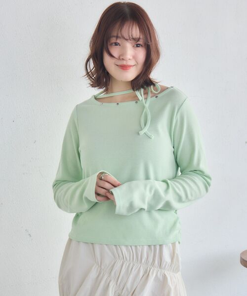 RETRO GIRL(レトロガール)の「スタッズ付きネックリボンカットソー(Tシャツ/カットソー・レディース・チャコールグレー/ナチュラル/ライトグリーン・FREE)」の12枚目の写真