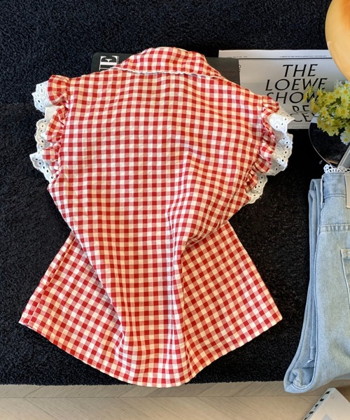 LUCPY（ラクピー）の「ギンガムチェックフリルリボンブラウス（シャツ/ブラウス・レディース・レッド・SMALL/MEDIUM/LARGE）」の6枚目の写真