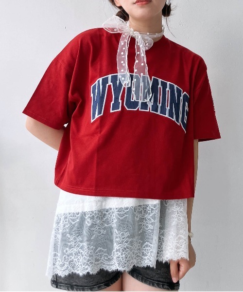AS KNOW AS plus(アズノゥアズプラス)の「〇クロップド丈 フロントロゴ&袖刺繍 ゆったりシルエット半袖Tシャツ(Tシャツ/カットソー・レディース・チャコールグレー/レッド/ネイビー/オートミール・FREE)」の21枚目の写真