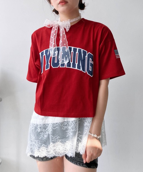 AS KNOW AS plus(アズノゥアズプラス)の「〇クロップド丈 フロントロゴ&袖刺繍 ゆったりシルエット半袖Tシャツ(Tシャツ/カットソー・レディース・チャコールグレー/レッド/ネイビー/オートミール・FREE)」の22枚目の写真
