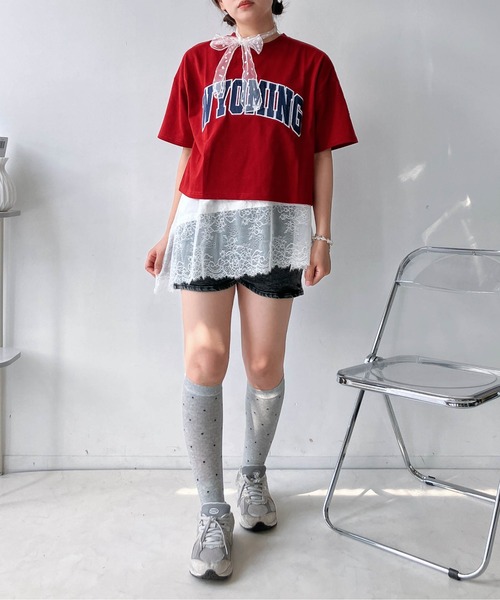 AS KNOW AS plus(アズノゥアズプラス)の「〇クロップド丈 フロントロゴ&袖刺繍 ゆったりシルエット半袖Tシャツ(Tシャツ/カットソー・レディース・チャコールグレー/レッド/ネイビー/オートミール・FREE)」の13枚目の写真