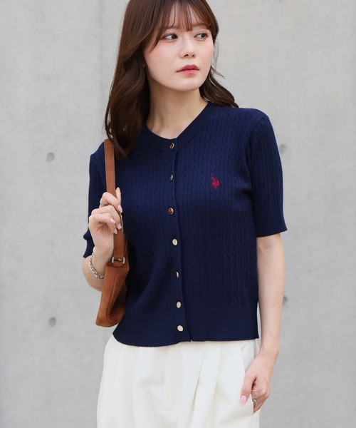U.S. POLO ASSN.(ユーエスポロアッスン)の「【U.S. POLO ASSN./ユーエスポロアッスン】ワンポイント刺繍 ケーブル半袖 カーディガン(ニット/セーター・レディース・ブラック/ネイビー/レッド/オフホワイト/ブラック系その他・LL/M/L)」の4枚目の写真