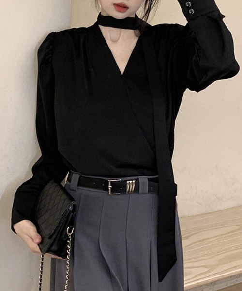 Miniministore（ミニミニストア）の「チョーカー風ブラウスVネックボウタイ長袖（シャツ/ブラウス・レディース・ブラック/ホワイト・M/L）」の4枚目の写真