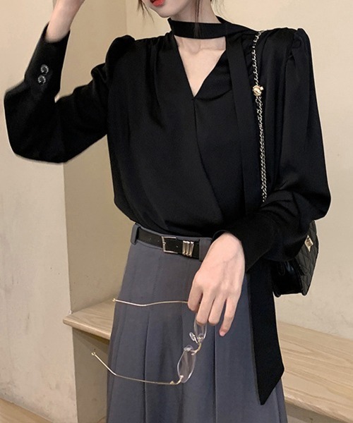 Miniministore（ミニミニストア）の「チョーカー風ブラウスVネックボウタイ長袖（シャツ/ブラウス・レディース・ブラック/ホワイト・M/L）」の5枚目の写真