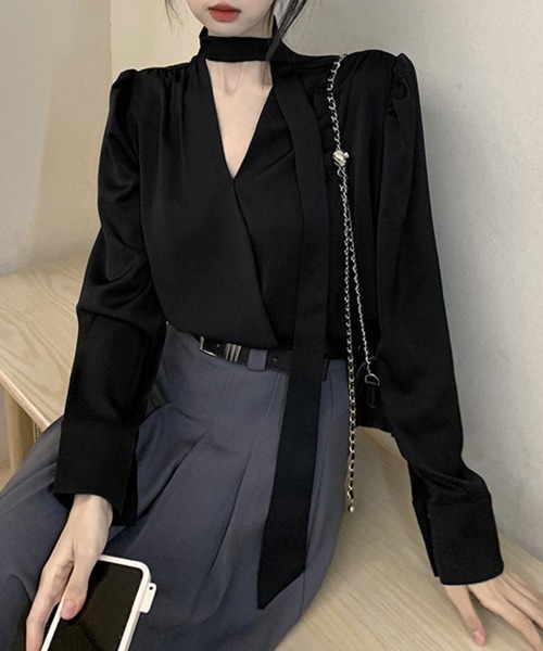 Miniministore（ミニミニストア）の「チョーカー風ブラウスVネックボウタイ長袖（シャツ/ブラウス・レディース・ブラック/ホワイト・M/L）」の6枚目の写真