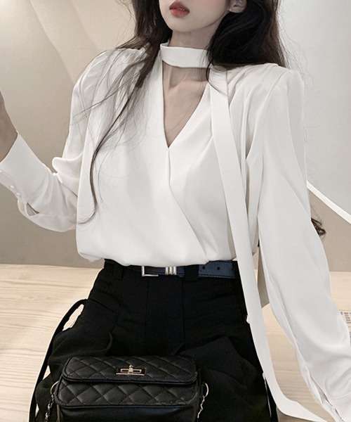 Miniministore（ミニミニストア）の「チョーカー風ブラウスVネックボウタイ長袖（シャツ/ブラウス・レディース・ブラック/ホワイト・M/L）」の17枚目の写真