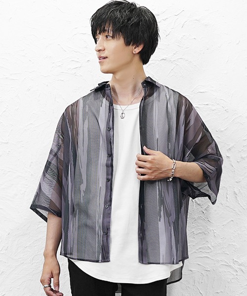 MinoriTY（マイノリティ）の「【MinoriTY】総柄メッシュドルマンシャツ メンズ 春服 夏服 涼しげ 五分袖（シャツ/ブラウス・メンズ・ブラック×ホワイト/ブラック×グレー/ブルー系その他/グリーン系その他・L/M）」の11枚目の写真