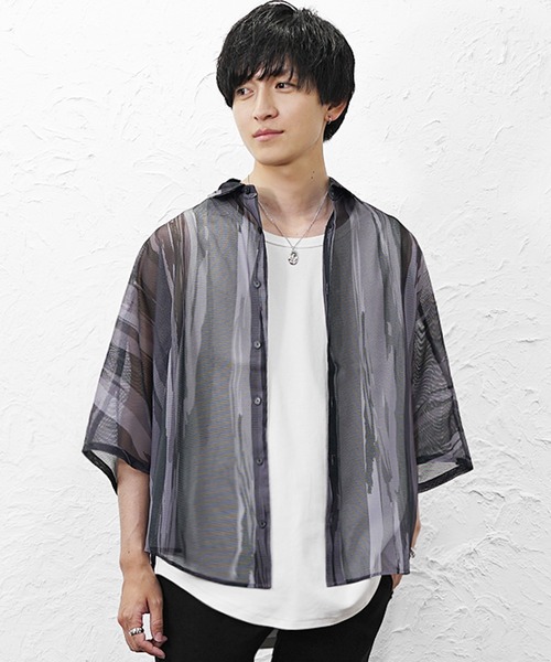 MinoriTY（マイノリティ）の「【MinoriTY】総柄メッシュドルマンシャツ メンズ 春服 夏服 涼しげ 五分袖（シャツ/ブラウス・メンズ・ブラック×ホワイト/ブラック×グレー/ブルー系その他/グリーン系その他・L/M）」の12枚目の写真