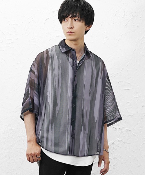 MinoriTY（マイノリティ）の「【MinoriTY】総柄メッシュドルマンシャツ メンズ 春服 夏服 涼しげ 五分袖（シャツ/ブラウス・メンズ・ブラック×ホワイト/ブラック×グレー/ブルー系その他/グリーン系その他・L/M）」の14枚目の写真