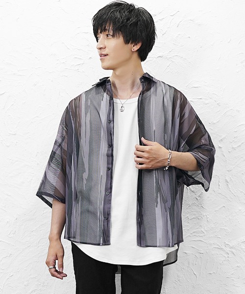 MinoriTY（マイノリティ）の「【MinoriTY】総柄メッシュドルマンシャツ メンズ 春服 夏服 涼しげ 五分袖（シャツ/ブラウス・メンズ・ブラック×ホワイト/ブラック×グレー/ブルー系その他/グリーン系その他・L/M）」の15枚目の写真