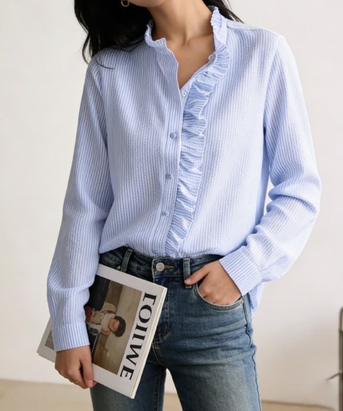 Miniministore(ミニミニストア)の「ストライプシャツ前立てフリルブラウス長袖(シャツ/ブラウス・レディース・ホワイト/ライトブルー/ブラック・M/L)」の3枚目の写真