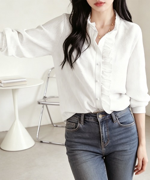 Miniministore(ミニミニストア)の「ストライプシャツ前立てフリルブラウス長袖(シャツ/ブラウス・レディース・ホワイト/ライトブルー/ブラック・M/L)」の11枚目の写真