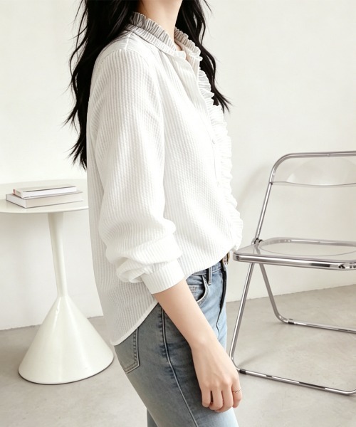 Miniministore(ミニミニストア)の「ストライプシャツ前立てフリルブラウス長袖(シャツ/ブラウス・レディース・ホワイト/ライトブルー/ブラック・M/L)」の13枚目の写真