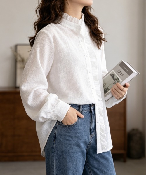 Miniministore(ミニミニストア)の「ストライプシャツ前立てフリルブラウス長袖(シャツ/ブラウス・レディース・ホワイト/ライトブルー/ブラック・M/L)」の14枚目の写真