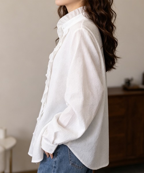 Miniministore(ミニミニストア)の「ストライプシャツ前立てフリルブラウス長袖(シャツ/ブラウス・レディース・ホワイト/ライトブルー/ブラック・M/L)」の15枚目の写真