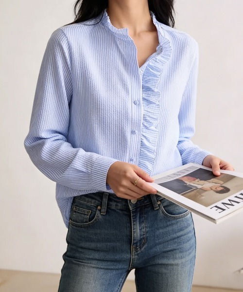 Miniministore(ミニミニストア)の「ストライプシャツ前立てフリルブラウス長袖(シャツ/ブラウス・レディース・ホワイト/ライトブルー/ブラック・M/L)」の17枚目の写真