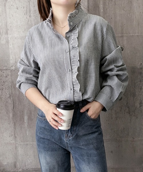 Miniministore(ミニミニストア)の「ストライプシャツ前立てフリルブラウス長袖(シャツ/ブラウス・レディース・ホワイト/ライトブルー/ブラック・M/L)」の19枚目の写真