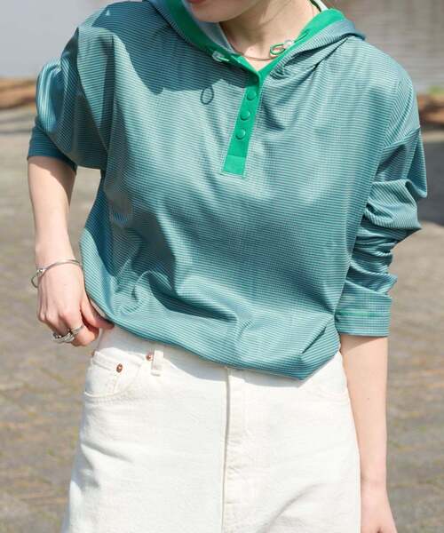 OUTDOOR PRODUCTS（アウトドアプロダクツ）の「miller ex Swim Rash gard hoody（Tシャツ/カットソー・レディース・ブラック/ブルー系その他/グリーン/アイボリー・SMALL/MEDIUM）」の5枚目の写真