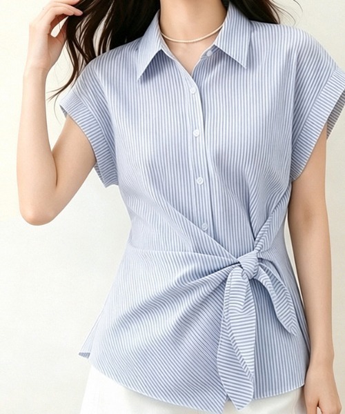 LUCPY(ラクピー)の「ウエストリボンストライプシャツブラウス(シャツ/ブラウス・レディース・ライトブルー・X-LARGE/SMALL/MEDIUM/LARGE)」の3枚目の写真