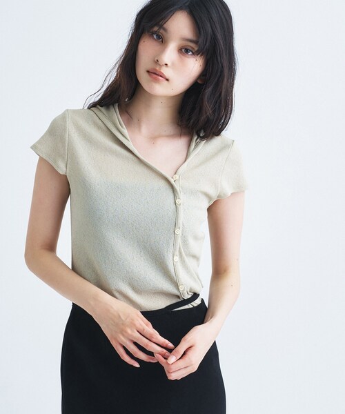 CODE A(コードエー)の「soft button hood tee(Tシャツ/カットソー・レディース・オフホワイト/ライトグリーン/ブラック・00)」の3枚目の写真