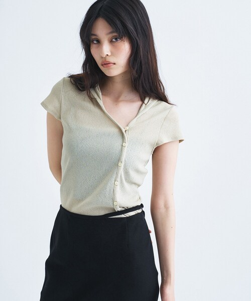 CODE A(コードエー)の「soft button hood tee(Tシャツ/カットソー・レディース・オフホワイト/ライトグリーン/ブラック・00)」の11枚目の写真